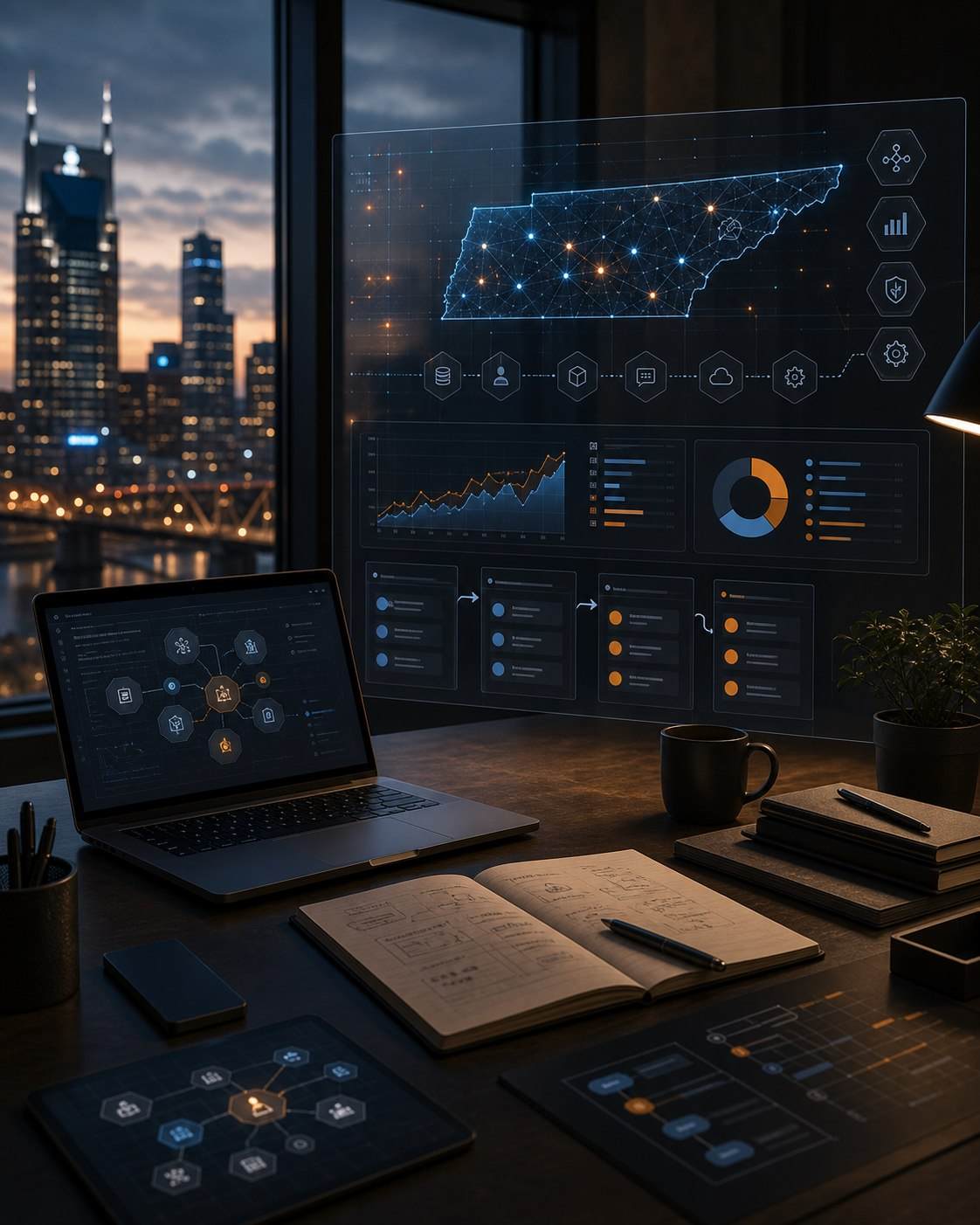 Nashville AI consulting operator workspace with Tennessee business technology dashboards