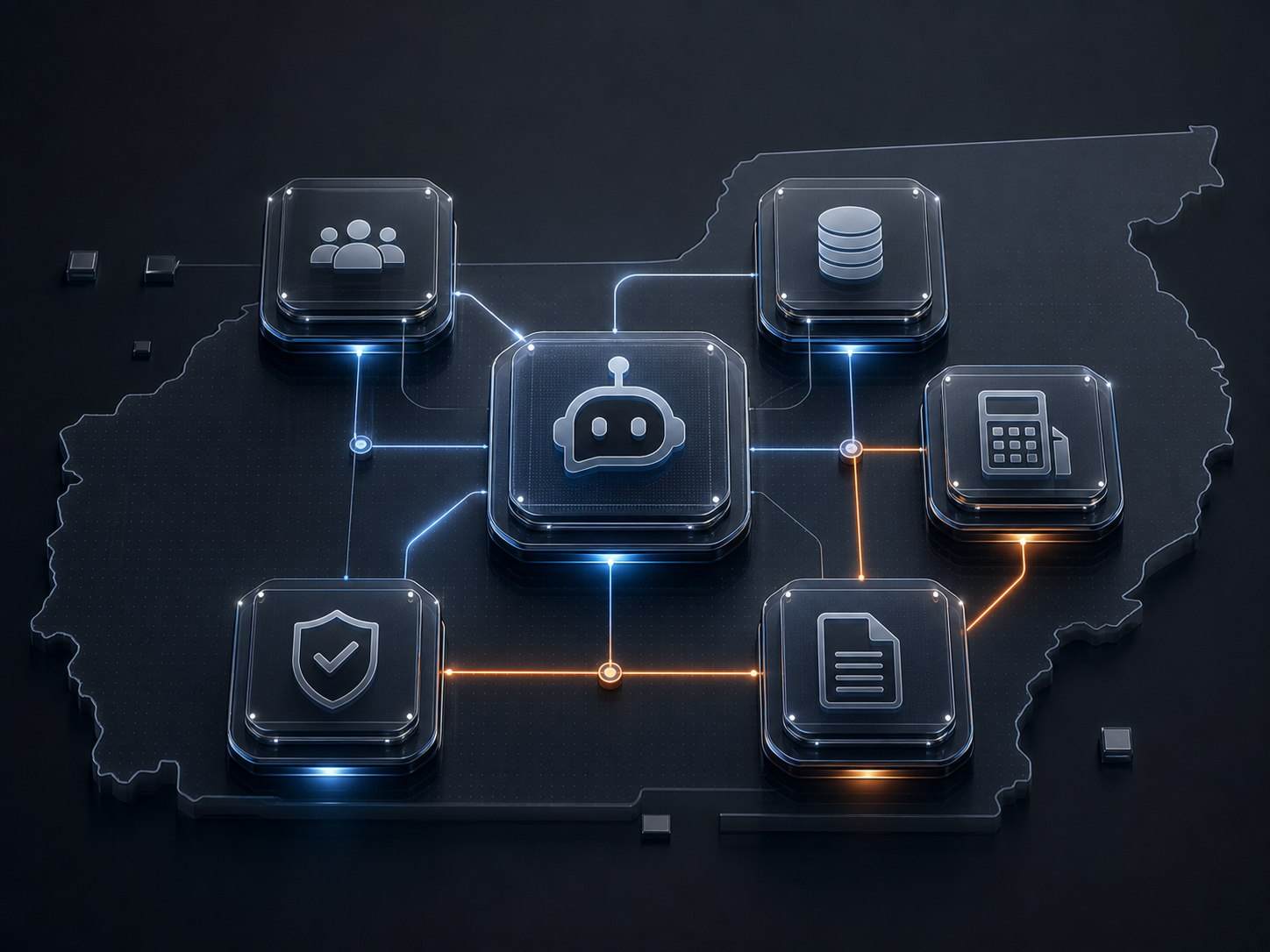 Custom integrations and MCP connection architecture over a Tennessee business map